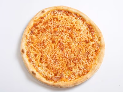 Cheese pizza with golden melted cheese, seen from above